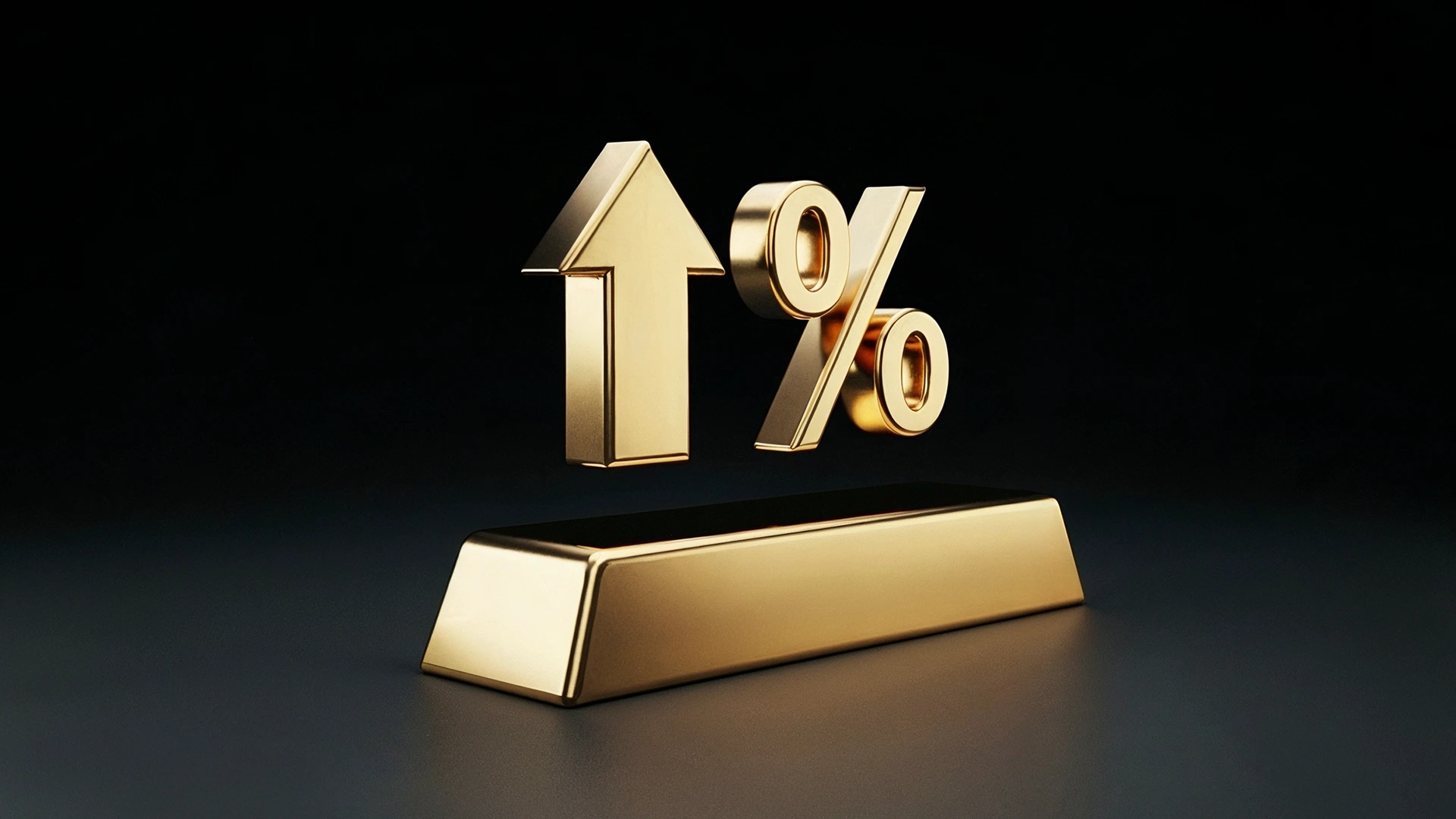 A gold percentage symbol and upward arrow rise from the top of a shiny gold bar, set against a dark background. 